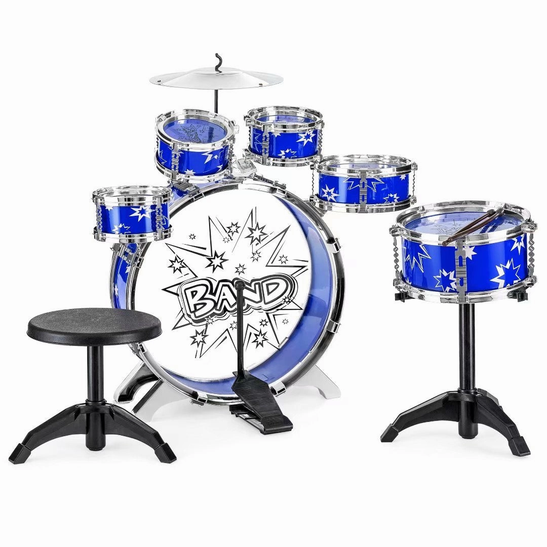 Drum Set,SKONYON 11 Pieces of Boys and Girls Kids Drum Set Musical Instrument Toy Toy Set Kids Starter Drum Set w/ Bass Drum, Tom Drums, Snare, Cymbal, Stool, Drumsticks - Blue