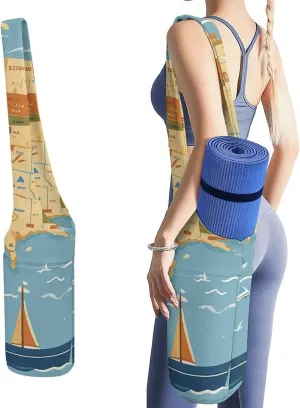 Durable Yoga Mat Carrier Bag with Strap Nautical Sailboat Map Printed Large Capacity Yoga Mat Storage Bag Portable Gym Bag for Most Yoga Mats Men Women Pilates