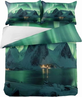 Duvet Cover 4 Pieces Set Winter Polar Ice Islands Ocean Scenery Light Green Comforter Bedding Set with Zipper Closure Corner Ties,1 Duvet Cover,1 Sheet,2 Pillow Shams California King