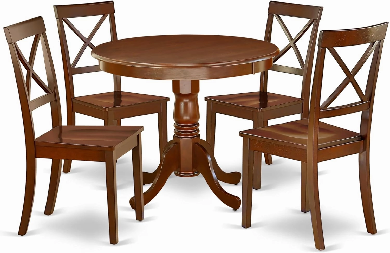 East West Furniture ANBO5-MAH-W 5 Piece Dinette Set for 4 Includes a Round Kitchen Table with Pedestal and 4 Dining Room Chairs, 36x36 Inch, Mahogany