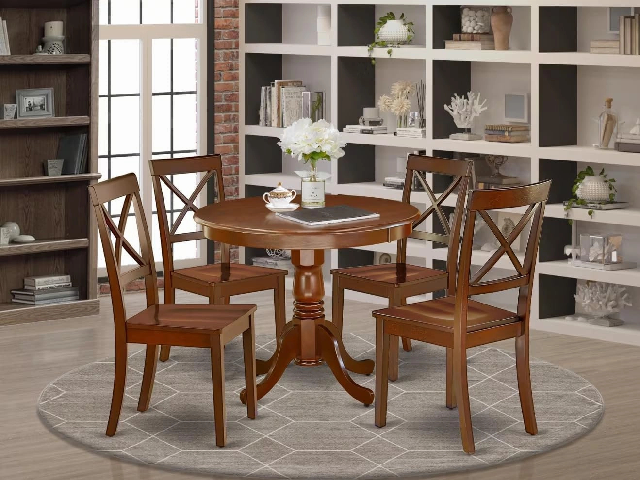 East West Furniture ANBO5-MAH-W 5 Piece Dinette Set for 4 Includes a Round Kitchen Table with Pedestal and 4 Dining Room Chairs, 36x36 Inch, Mahogany