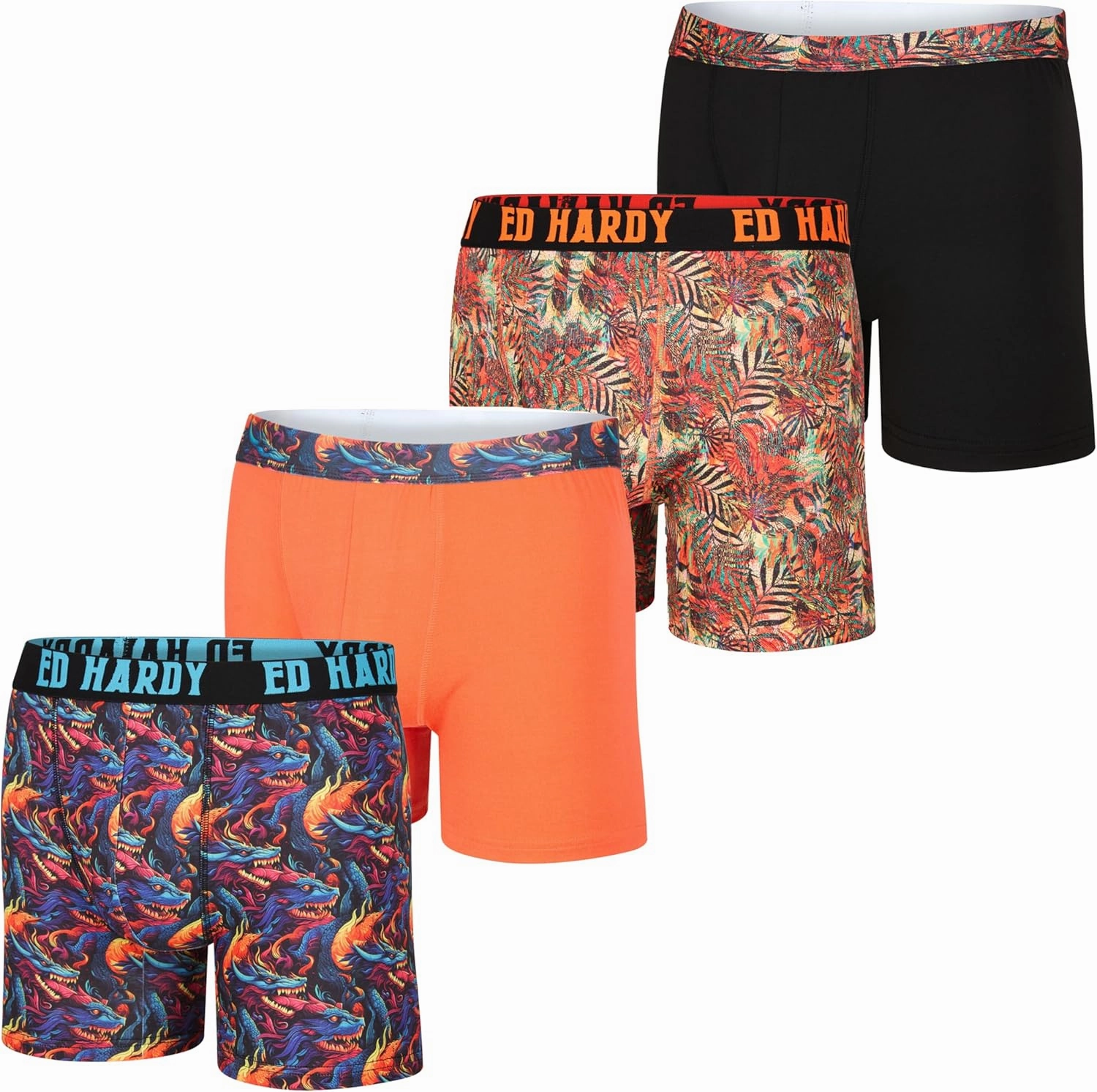 ED HARDY Men's Boxer Briefs 4 Pack, Soft Fabric Underwear, Pull-On Closure, Machine Washable Comfortable Stretch Boxers