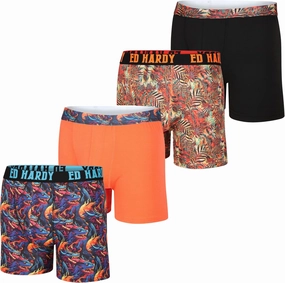 ED HARDY Men's Boxer Briefs 4 Pack, Soft Fabric Underwear, Pull-On Closure, Machine Washable Comfortable Stretch Boxers