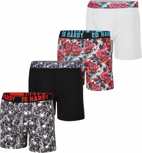 ED HARDY Men's Boxer Briefs 4 Pack, Soft Fabric Underwear, Pull-On Closure, Machine Washable Comfortable Stretch Boxers