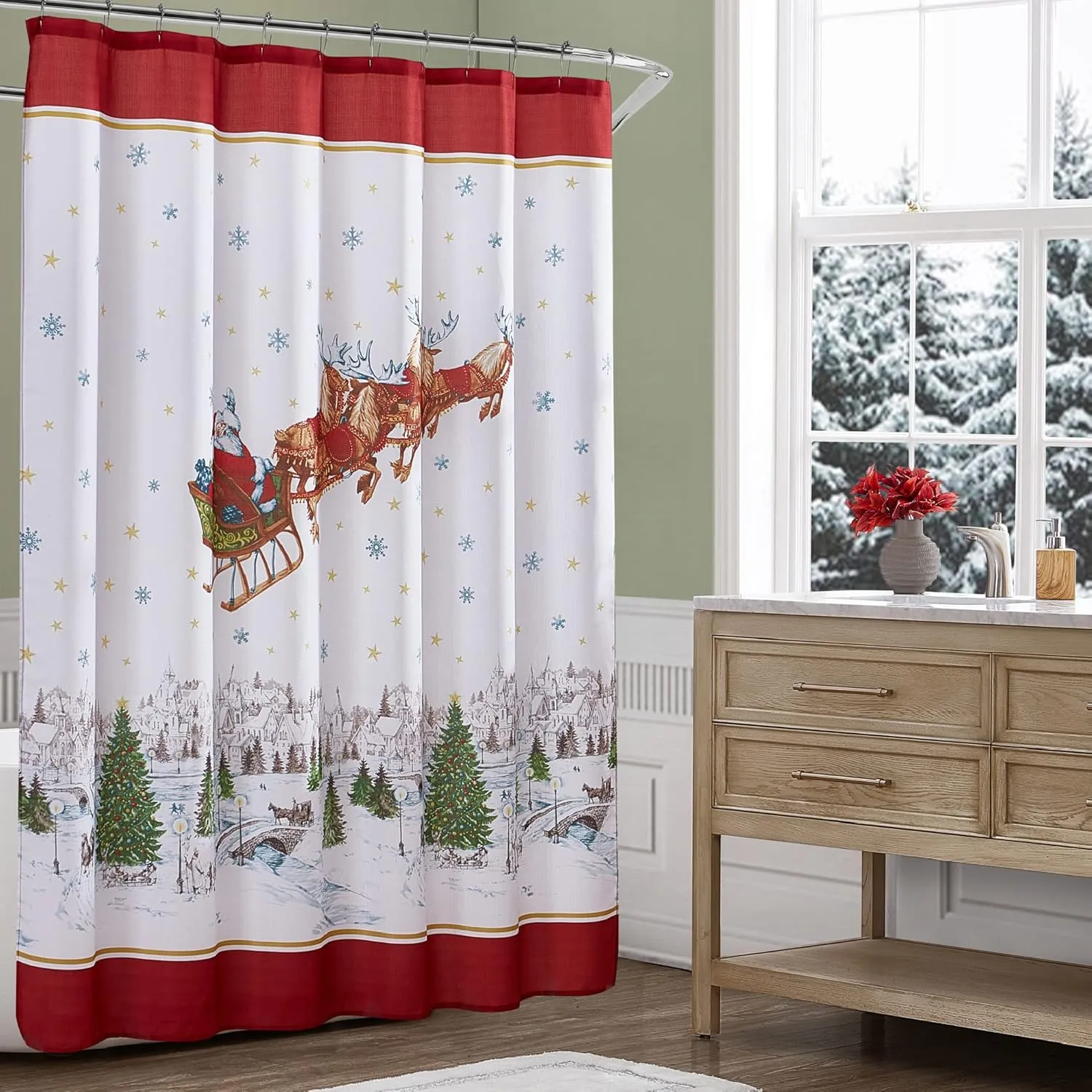 Elrene Home Fashions Santa Snowy Sleighride Fabric Bathroom Shower Curtain, 70" x 72"