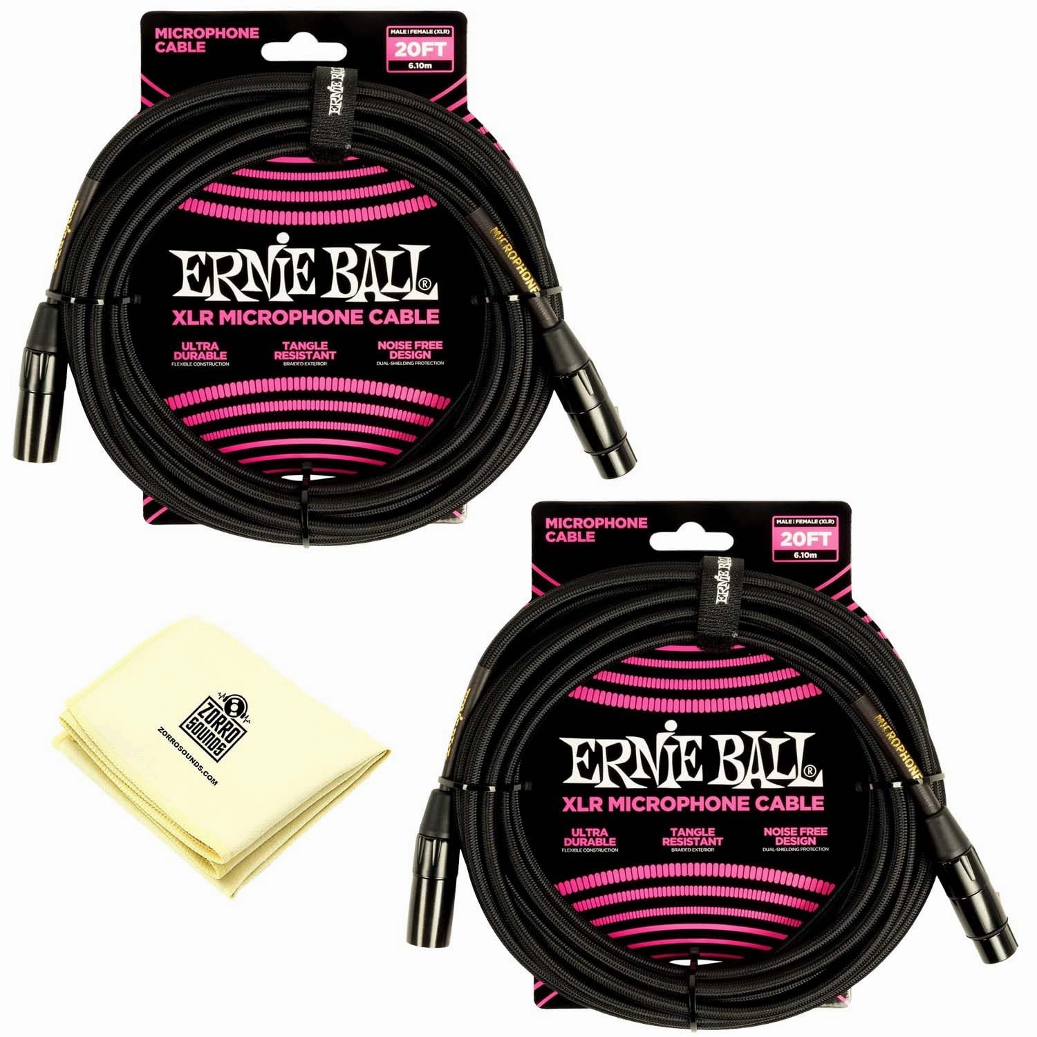 Ernie Ball Braided XLR Microphone Cable with Zorro Polishing Cleaning Cloth in Black - Pack of 2 (Black, 20 Feet) P06392