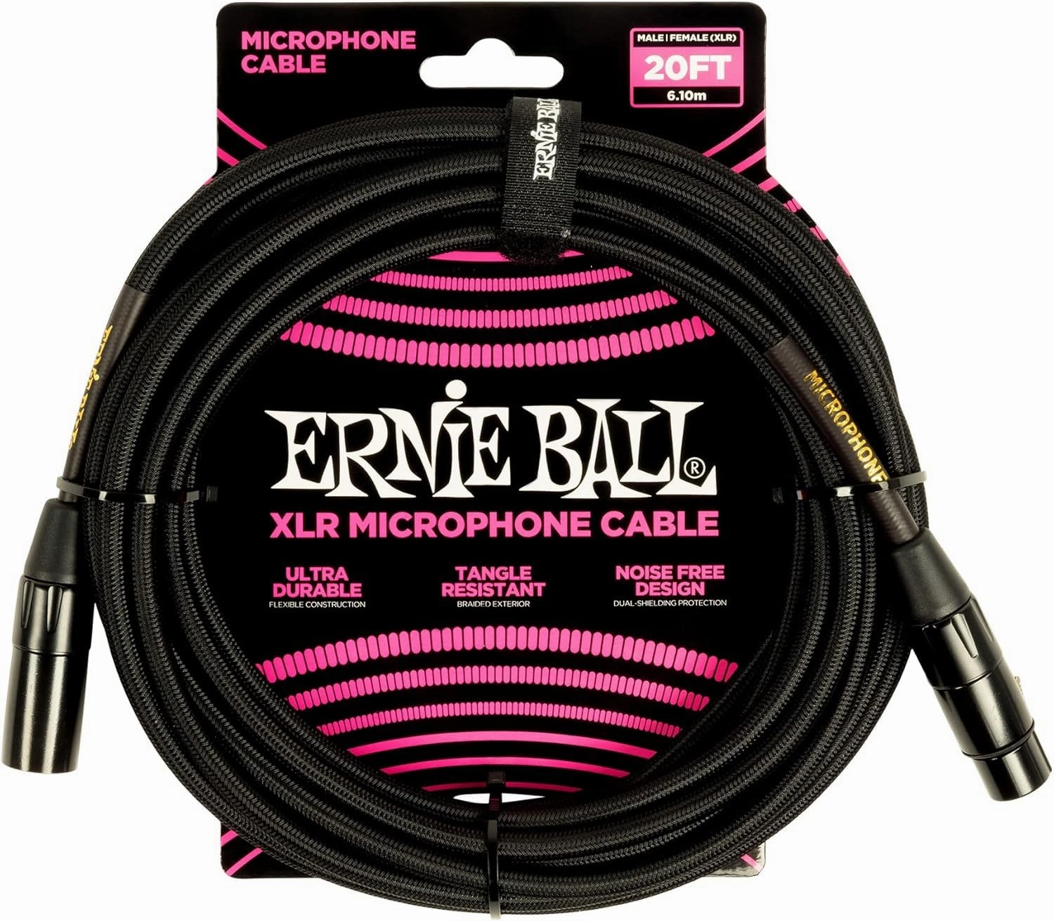 Ernie Ball Braided XLR Microphone Cable with Zorro Polishing Cleaning Cloth in Black - Pack of 2 (Black, 20 Feet) P06392