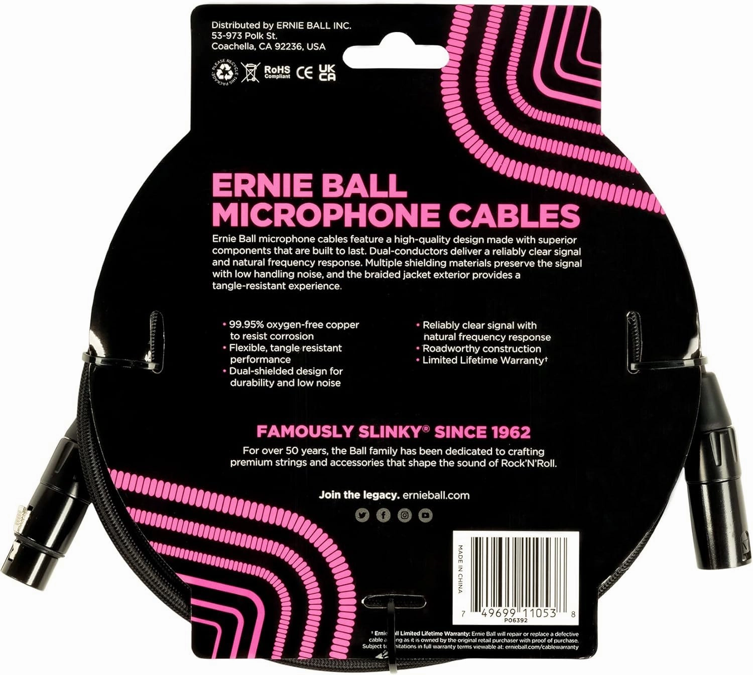 Ernie Ball Braided XLR Microphone Cable with Zorro Polishing Cleaning Cloth in Black - Pack of 2 (Black, 20 Feet) P06392