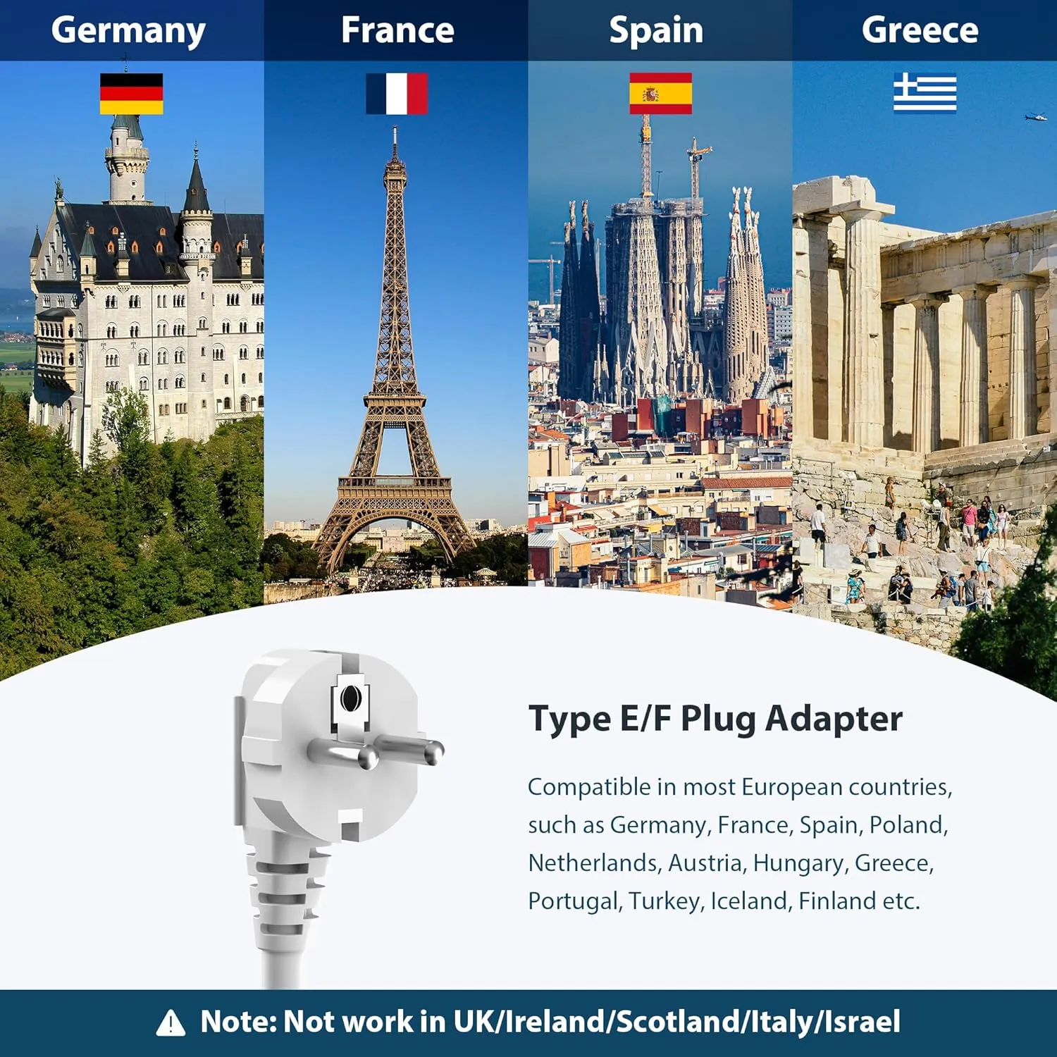European Travel Plug Adapter with USB C, TOPREK US to Europe Power Strip with 6 Outlets & 3 USB Ports, US to Europe Outlet Adapter with 3FT Extension Cord for EU Spain France Germany Iceland Greece