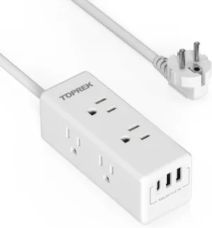 European Travel Plug Adapter with USB C, TOPREK US to Europe Power Strip with 6 Outlets & 3 USB Ports, US to Europe Outlet Adapter with 3FT Extension Cord for EU Spain France Germany Iceland Greece