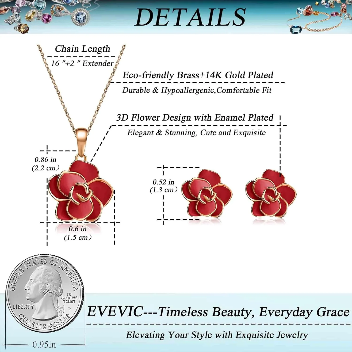 EVEVIC Rose Flower Necklace Earrings Set for Women 18K Gold Plated Hypoallergenic Jewelry Sets