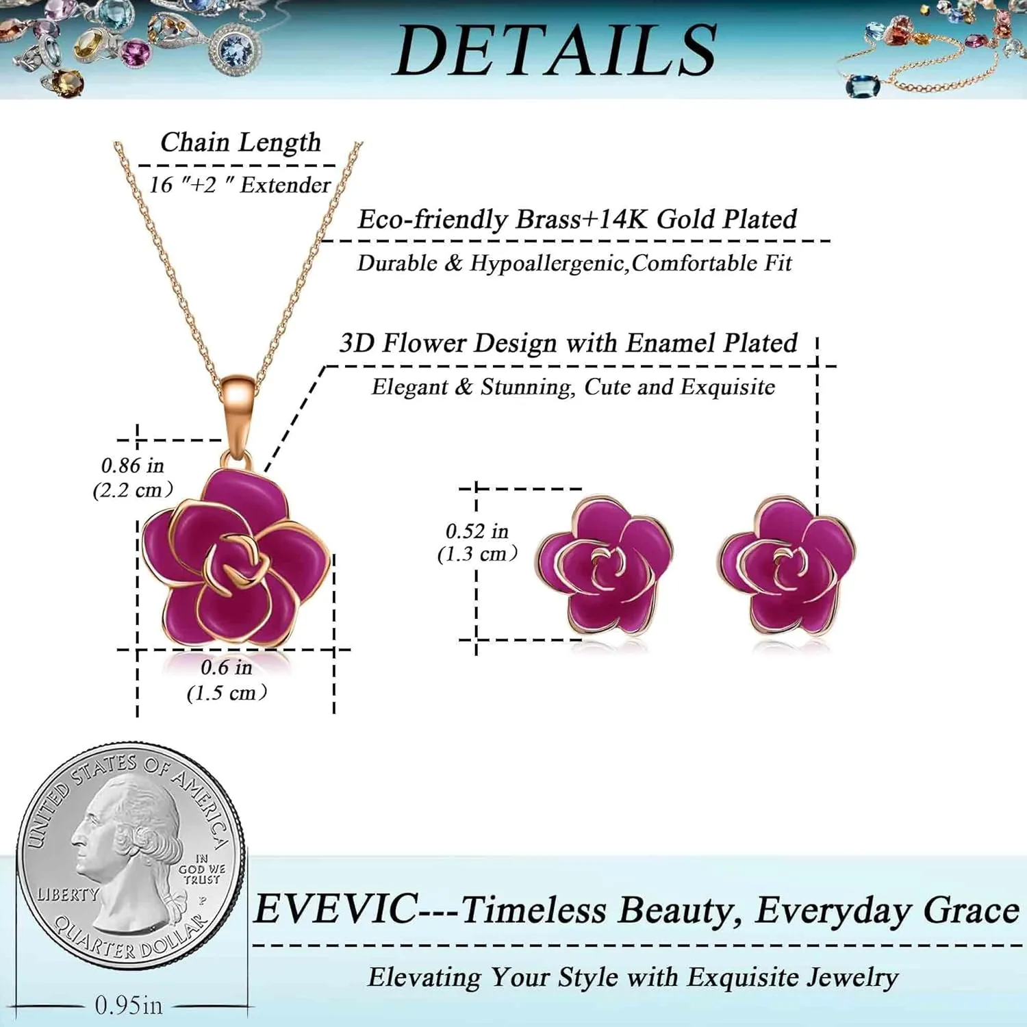 EVEVIC Rose Flower Necklace Earrings Set for Women 18K Gold Plated Hypoallergenic Jewelry Sets