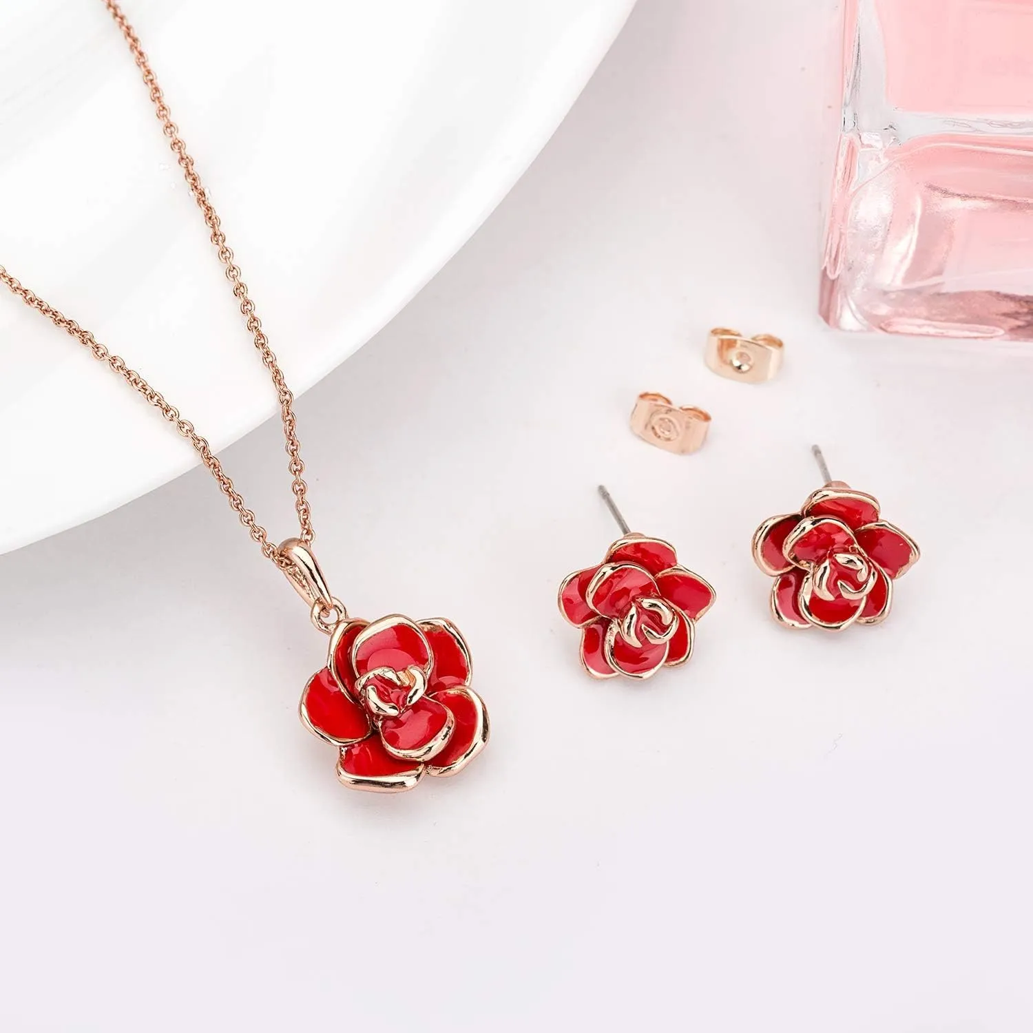 EVEVIC Rose Flower Necklace Earrings Set for Women 18K Gold Plated Hypoallergenic Jewelry Sets