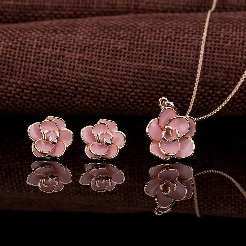 EVEVIC Rose Flower Necklace Earrings Set for Women 18K Gold Plated Hypoallergenic Jewelry Sets