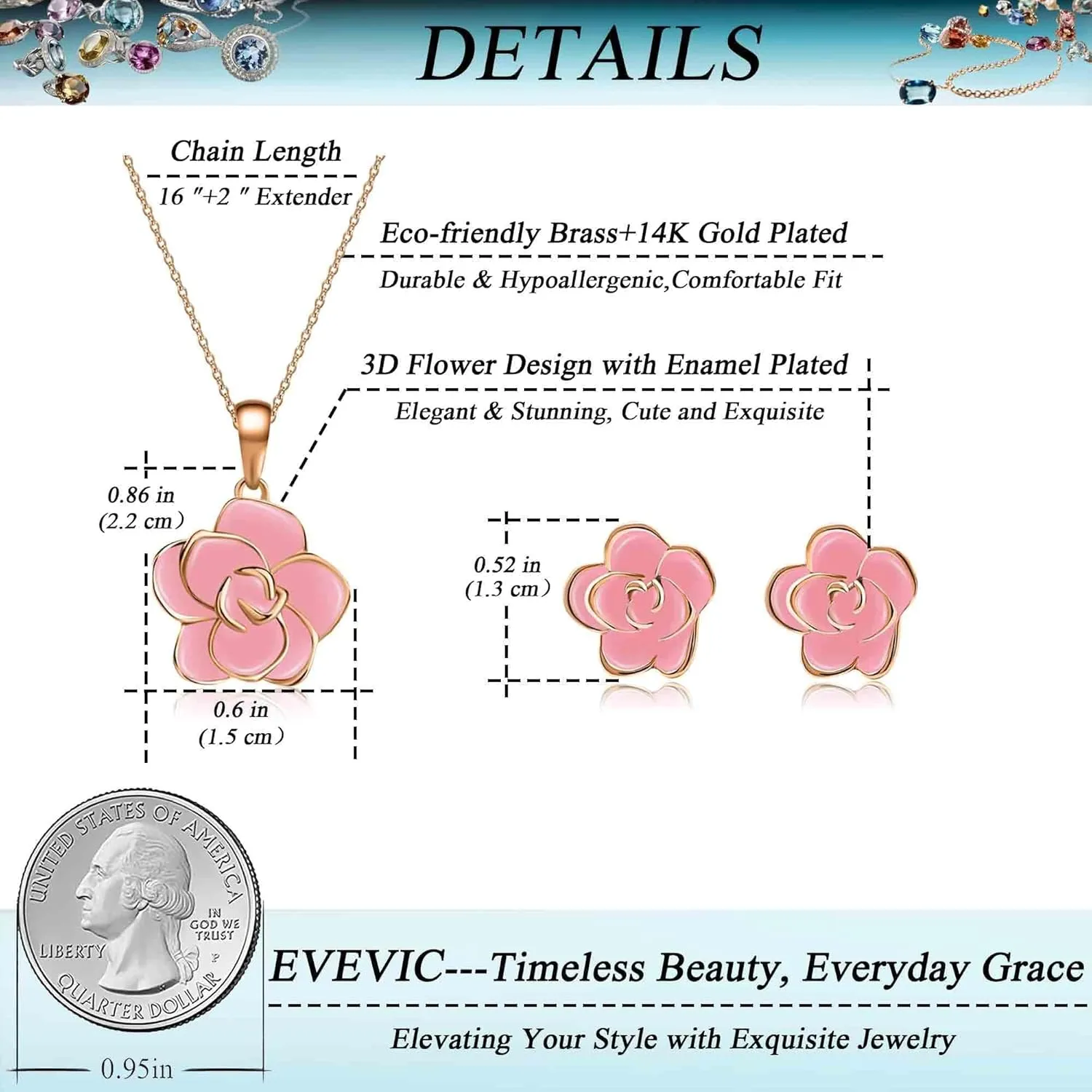 EVEVIC Rose Flower Necklace Earrings Set for Women 18K Gold Plated Hypoallergenic Jewelry Sets