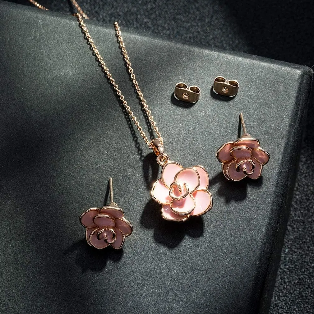 EVEVIC Rose Flower Necklace Earrings Set for Women 18K Gold Plated Hypoallergenic Jewelry Sets