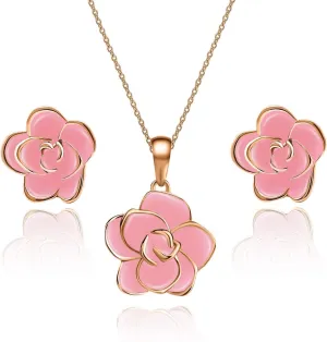 EVEVIC Rose Flower Necklace Earrings Set for Women 18K Gold Plated Hypoallergenic Jewelry Sets
