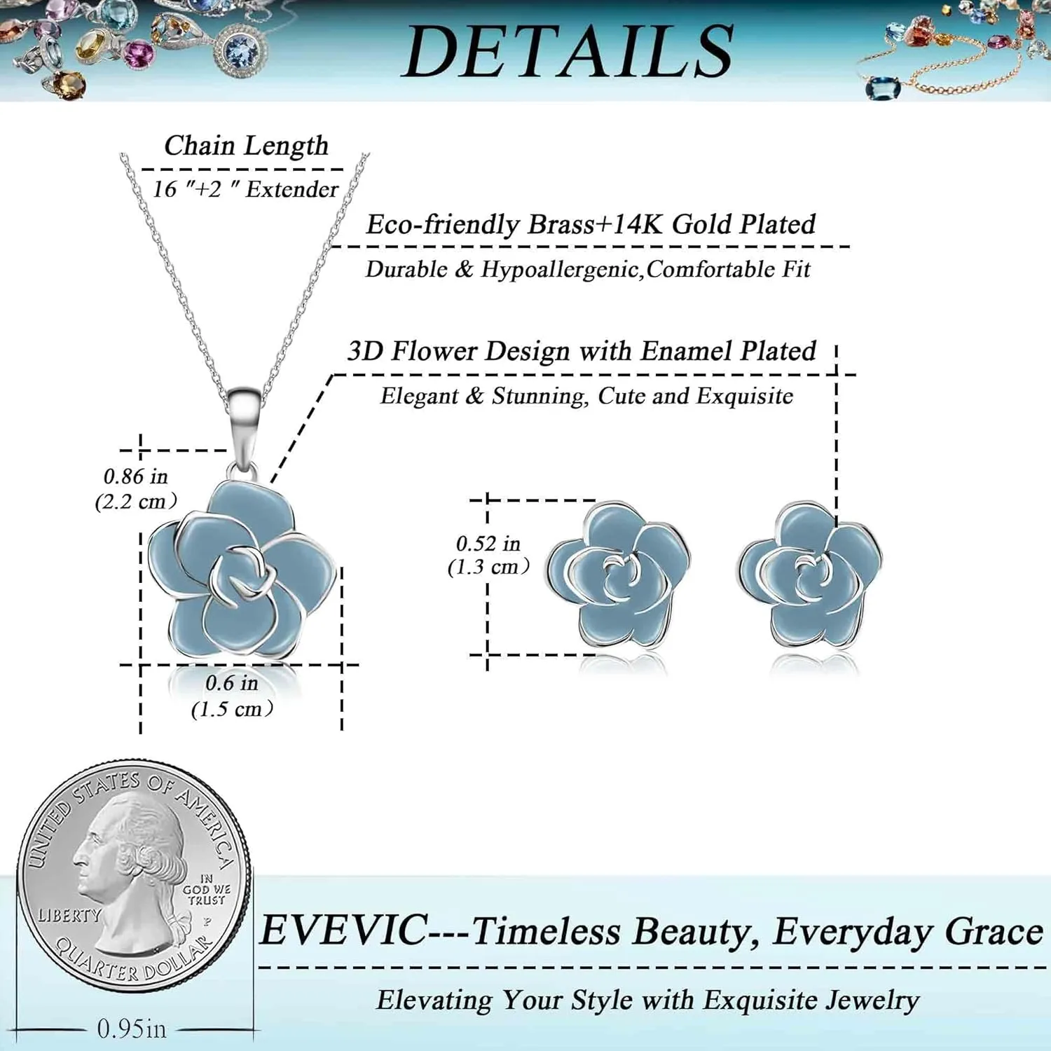 EVEVIC Rose Flower Necklace Earrings Set for Women 18K Gold Plated Hypoallergenic Jewelry Sets