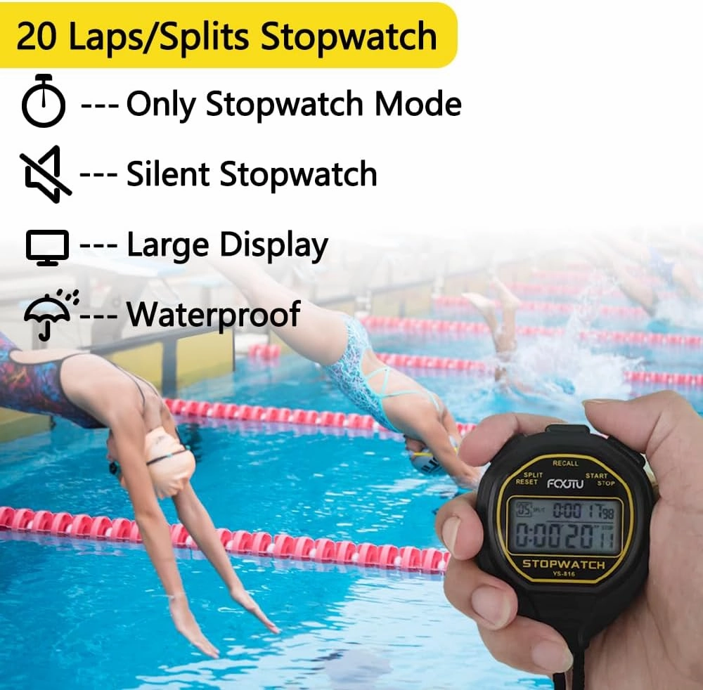 FCXJTU Digital Waterproof Stopwatch, 20Laps Split Memory Stopwatch, No Clock, No Calendar, No Alarm, Simple Silent Large Display Stop Watch for Sports Swimming Training Coaches Yellow