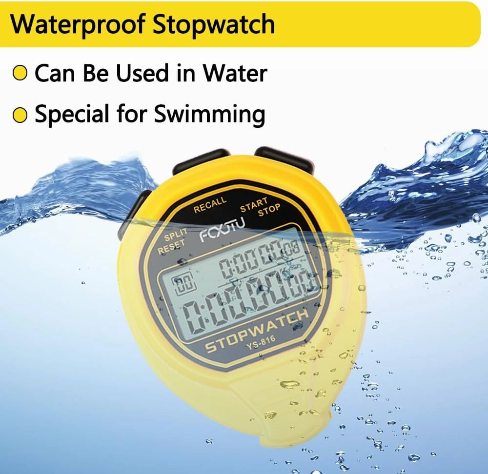 FCXJTU Digital Waterproof Stopwatch, 20Laps Split Memory Stopwatch, No Clock, No Calendar, No Alarm, Simple Silent Large Display Stop Watch for Sports Swimming Training Coaches Yellow