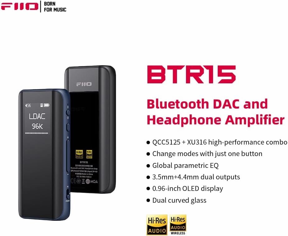 FiiO BTR15 Headphone Amps Bluetooth 5.1 Receiver High Resolution 384K/32Bit Native DSD256 USB DAC Supports LDAC/aptX HD/MQA for Smartphones/PC/Car/Home Audio (Blue)