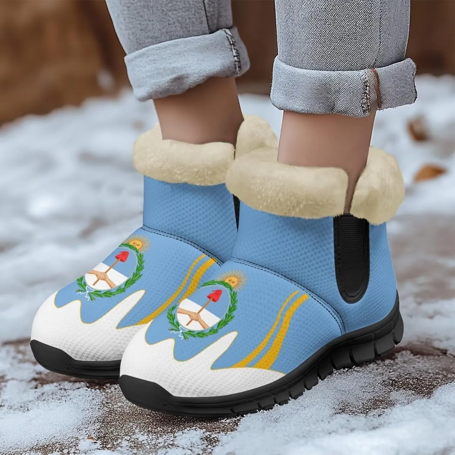 Flag Pattern Snow Boots Winter Shoes for Women Ankle Booties Warm Flannel Lining Slip on Anti-Slip Boots
