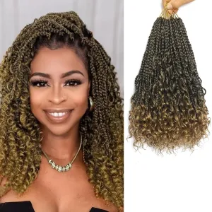 Flagship Goddess Box Braids Crochet Hair, 12 Inch 9 Packs Ombre Boho Crochet Box Braids with Curly Ends Crochet Hair for Black Women,Bohomian Pre looped Box Braids Crochet Hair Extension-T27