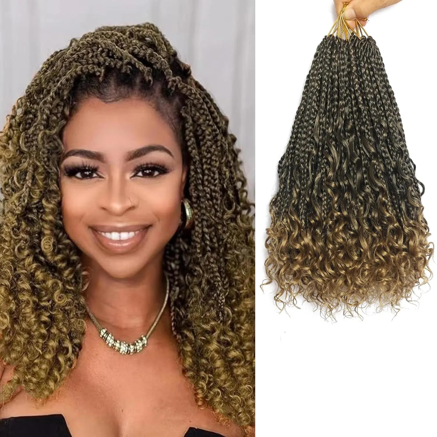 Flagship Goddess Box Braids Crochet Hair, 12 Inch 9 Packs Ombre Boho Crochet Box Braids with Curly Ends Crochet Hair for Black Women,Bohomian Pre looped Box Braids Crochet Hair Extension-T27