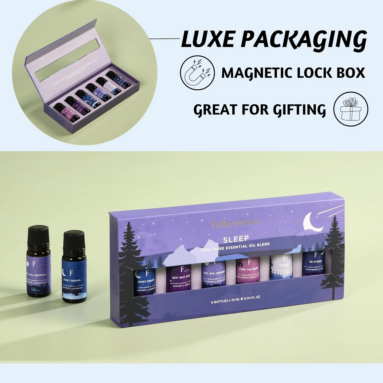 Folkulture Sleep Essential Oils Set | Set of 6 Pure Essential Oils for Diffusers for Home | Essential Oil Blend or Oil Diffuser Essential Oils | Lavender, Rosemary & Peppermint