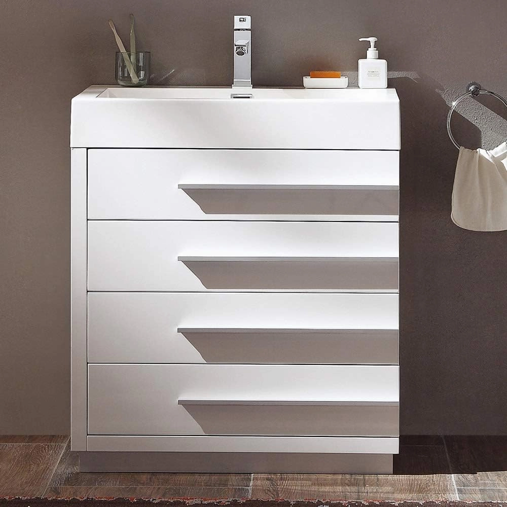 Fresca Livello 24 Inch Freestanding White Modern Bathroom Vanity with White Integrated Acrylic Sink - Solid Wood Base with 4 Soft Closing Drawers - Faucet Not Included