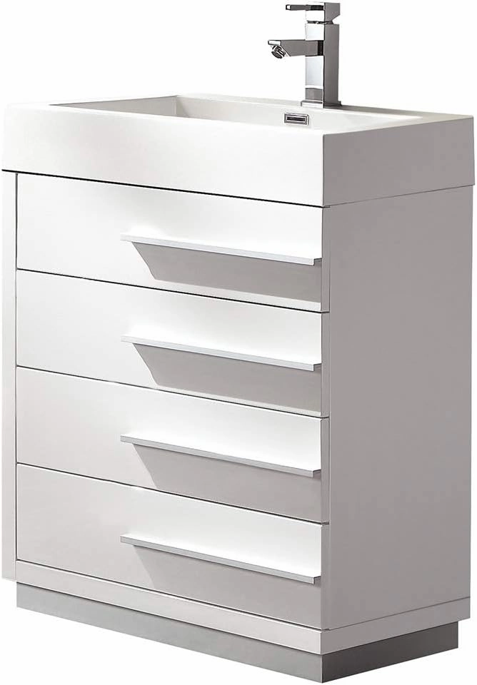 Fresca Livello 24 Inch Freestanding White Modern Bathroom Vanity with White Integrated Acrylic Sink - Solid Wood Base with 4 Soft Closing Drawers - Faucet Not Included