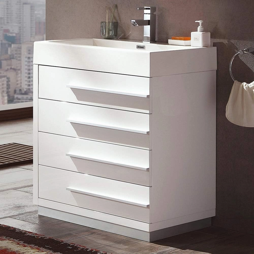 Fresca Livello 24 Inch Freestanding White Modern Bathroom Vanity with White Integrated Acrylic Sink - Solid Wood Base with 4 Soft Closing Drawers - Faucet Not Included