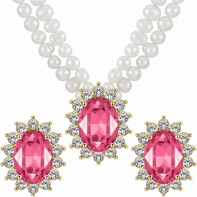 Freshwater Cultured Pearl Necklace Set, Costume Jewelry Set Includes Real Pearl Necklace, and Earrings with Gemstones and Rhinestones, Perfect for Valentine's Day, Birthday, Anniversary Vintage Pearl Set Gift
