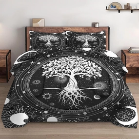 Full Size Comforter Set with 2 Pillowcases, Black Gothic Tree of Life 3 Pcs Bedding for Kids and Adults, White Sun and Moon Nature Soft Comforter Set for Bedroom Bed Decor