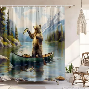 Funny Rustic Bear Shower Curtain, Cute Bear Fish Lake Fishing Mountain Art Shower Curtains with Hooks Farmhouse Country Cabin Lodge Bathroom Shower Curtain Set RV Camper Decorative 72 X 72 Fabric
