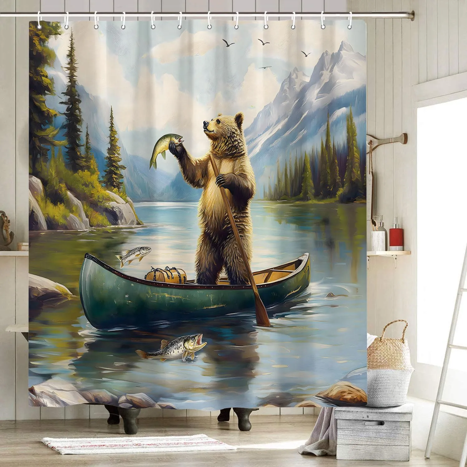 Funny Rustic Bear Shower Curtain, Cute Bear Fish Lake Fishing Mountain Art Shower Curtains with Hooks Farmhouse Country Cabin Lodge Bathroom Shower Curtain Set RV Camper Decorative 72 X 72 Fabric