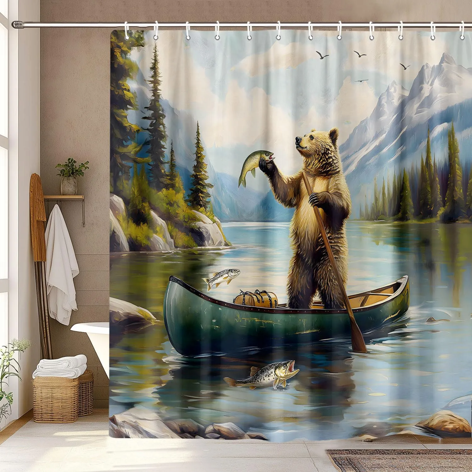 Funny Rustic Bear Shower Curtain, Cute Bear Fish Lake Fishing Mountain Art Shower Curtains with Hooks Farmhouse Country Cabin Lodge Bathroom Shower Curtain Set RV Camper Decorative 72 X 72 Fabric