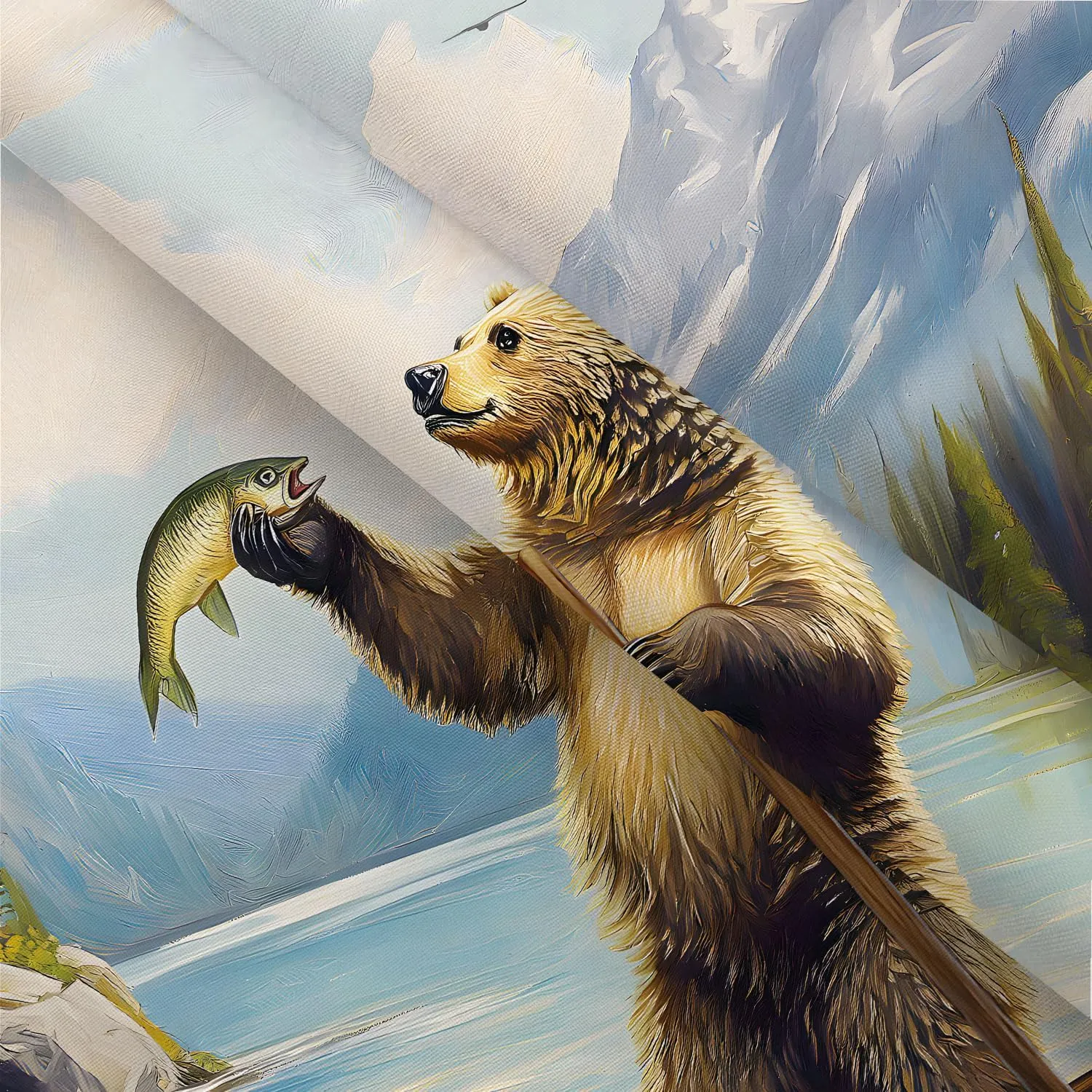 Funny Rustic Bear Shower Curtain, Cute Bear Fish Lake Fishing Mountain Art Shower Curtains with Hooks Farmhouse Country Cabin Lodge Bathroom Shower Curtain Set RV Camper Decorative 72 X 72 Fabric