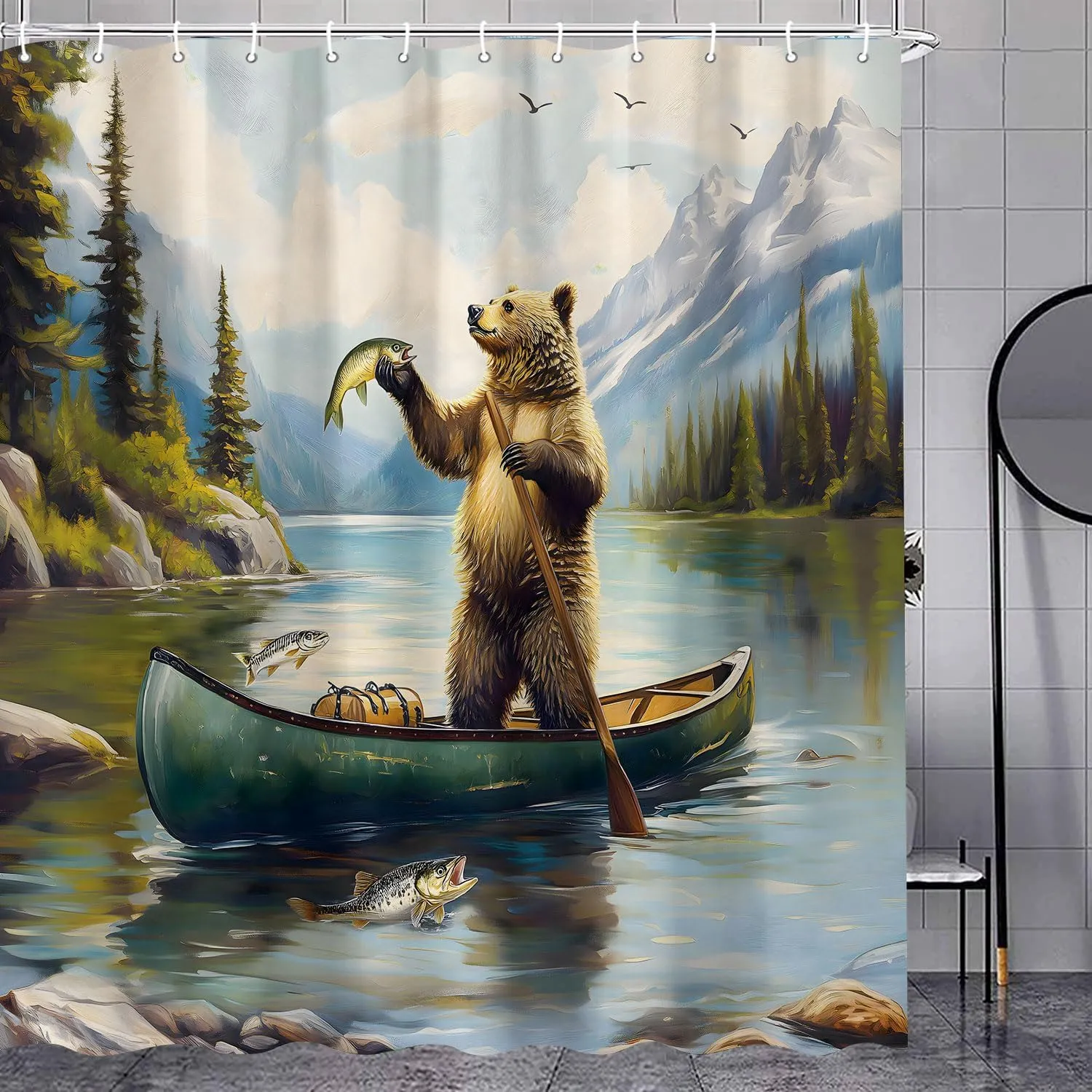 Funny Rustic Bear Shower Curtain, Cute Bear Fish Lake Fishing Mountain Art Shower Curtains with Hooks Farmhouse Country Cabin Lodge Bathroom Shower Curtain Set RV Camper Decorative 72 X 72 Fabric