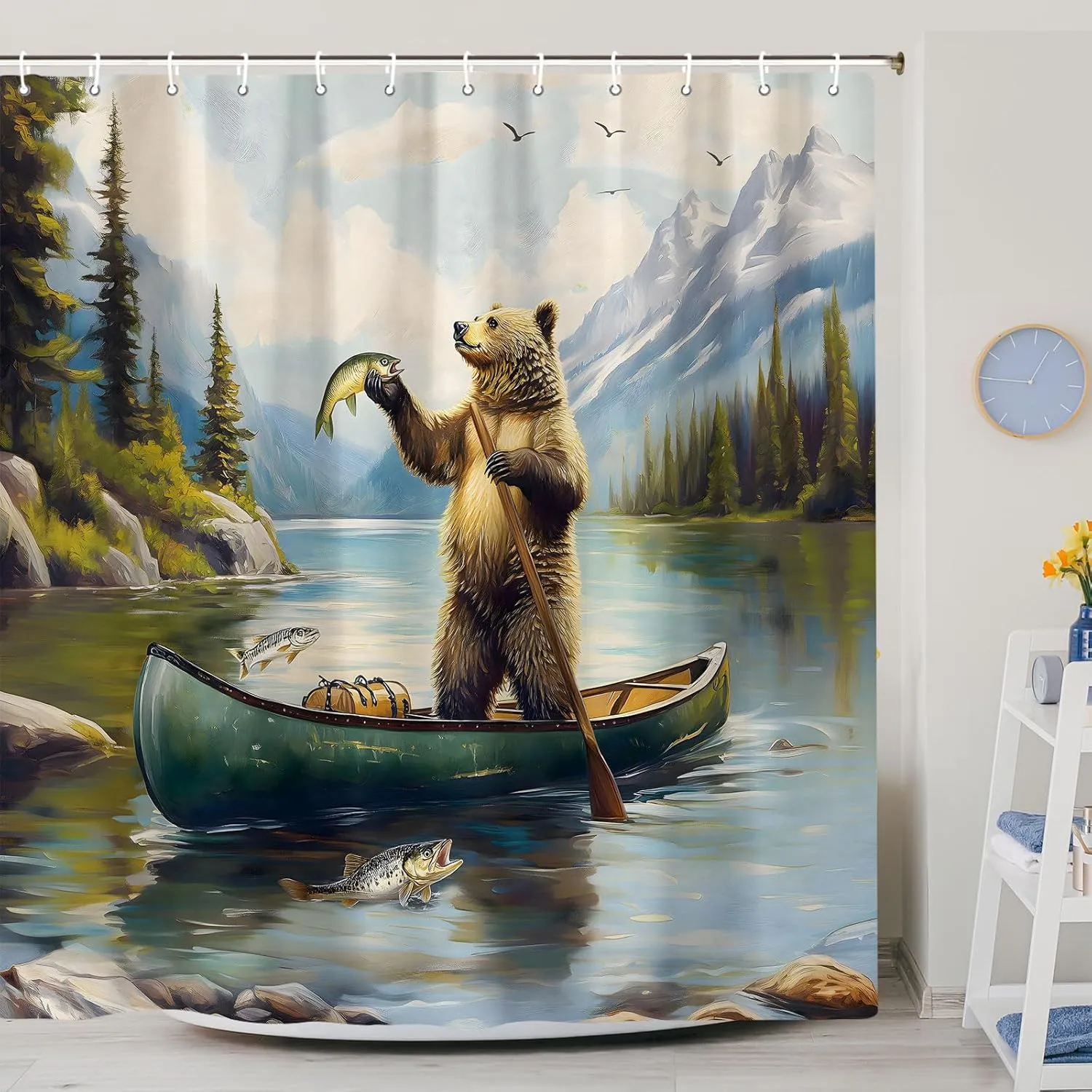 Funny Rustic Bear Shower Curtain, Cute Bear Fish Lake Fishing Mountain Art Shower Curtains with Hooks Farmhouse Country Cabin Lodge Bathroom Shower Curtain Set RV Camper Decorative 72 X 72 Fabric
