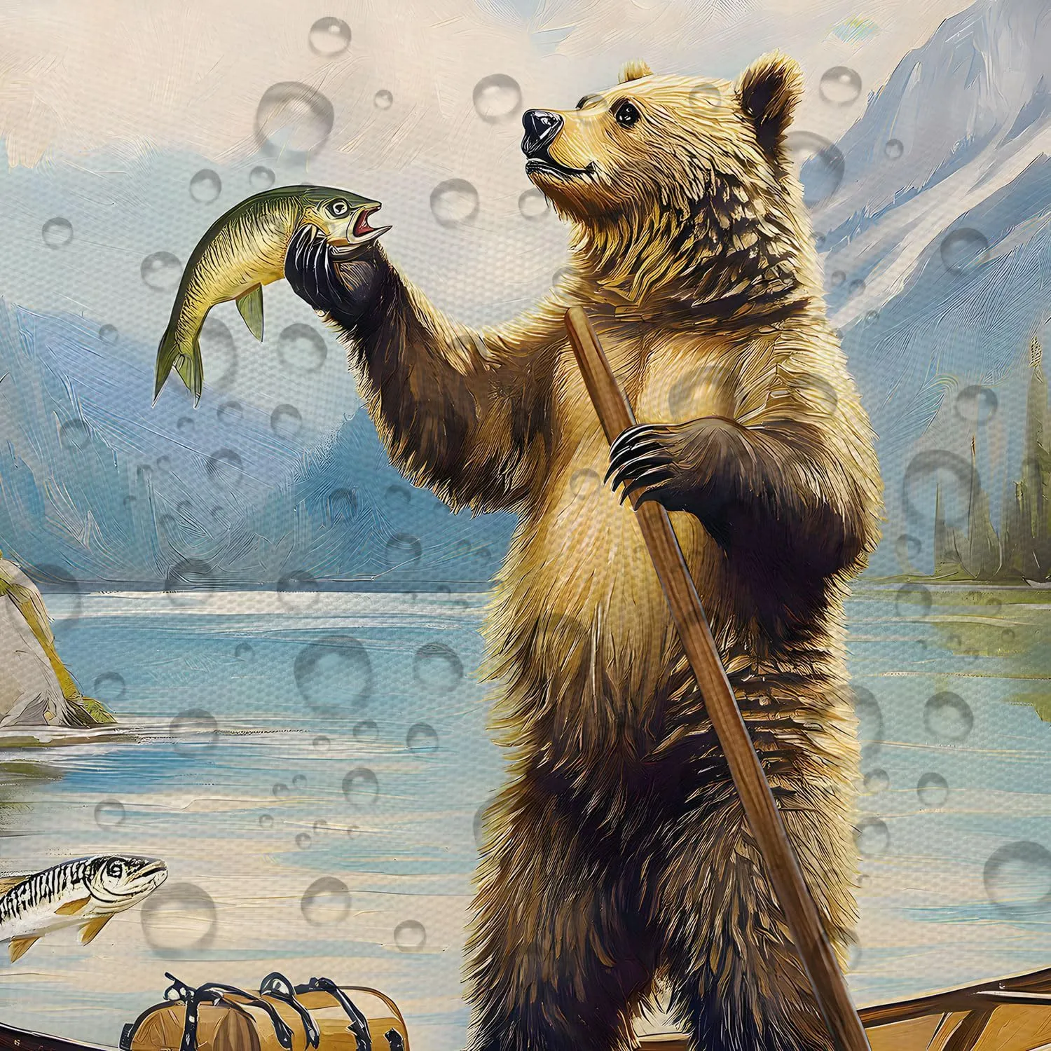 Funny Rustic Bear Shower Curtain, Cute Bear Fish Lake Fishing Mountain Art Shower Curtains with Hooks Farmhouse Country Cabin Lodge Bathroom Shower Curtain Set RV Camper Decorative 72 X 72 Fabric
