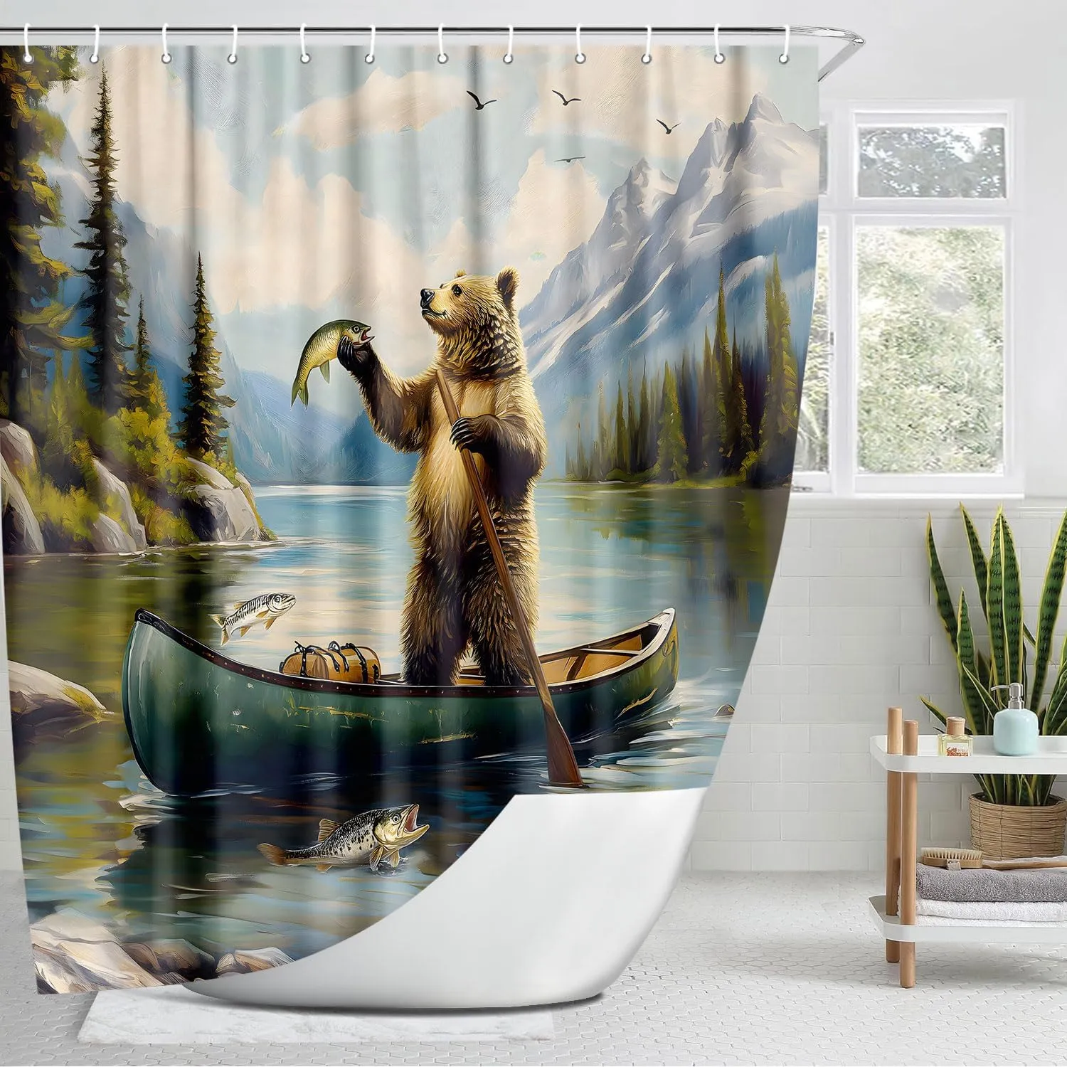 Funny Rustic Bear Shower Curtain, Cute Bear Fish Lake Fishing Mountain Art Shower Curtains with Hooks Farmhouse Country Cabin Lodge Bathroom Shower Curtain Set RV Camper Decorative 72 X 72 Fabric