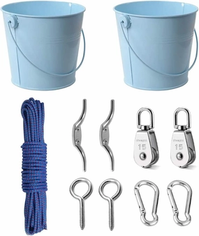 FUQUN Treehouse Accessories for Kids, Pulley with Bucket Cable, Kids Playhouse Accessories, Pulleys for Kids, Pirate Ship Accessories Outdoor, Playhouse Game, Bucket for Treehouse (2Sets, Blue)