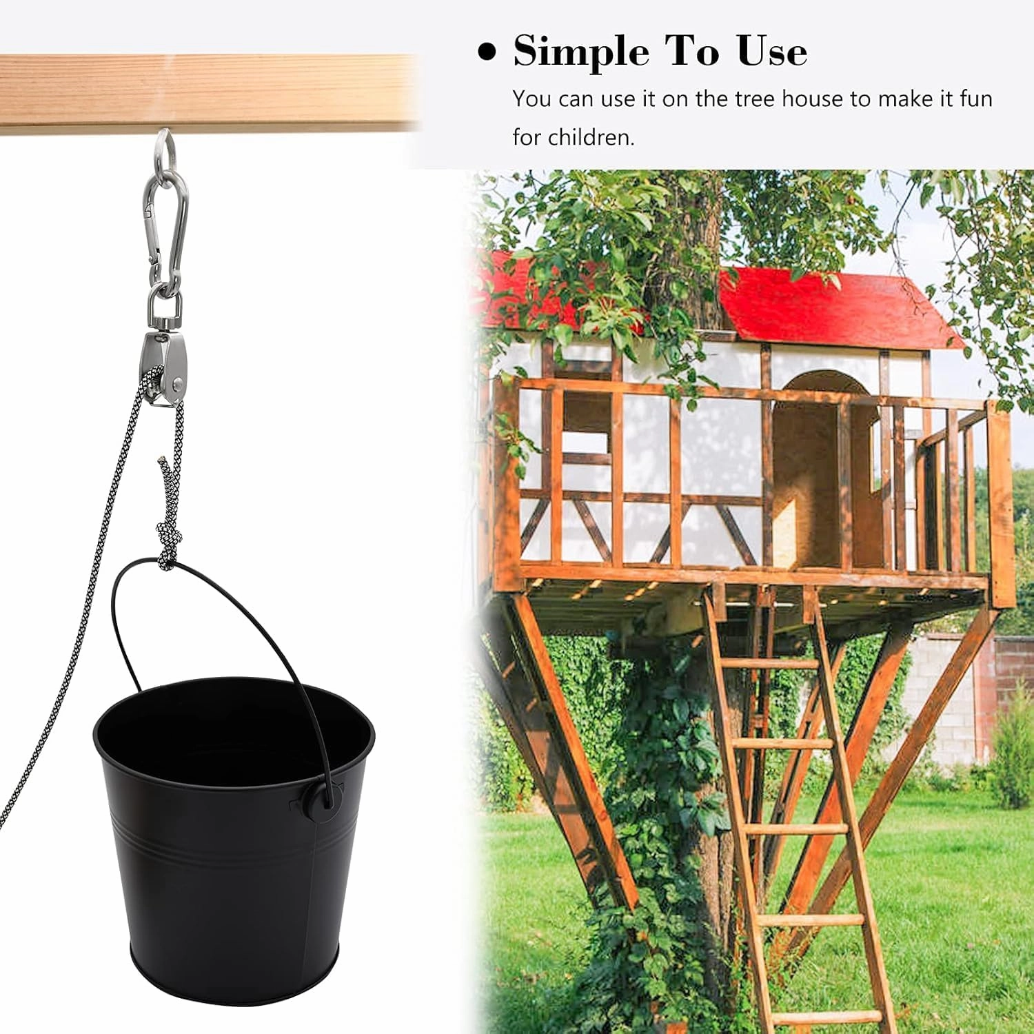 FUQUN Treehouse Pulley System with Bucket Cable - Kids Playhouse & Pirate Ship Accessories for Outdoor Play, Heavy-Duty Climbing Bucket (Black)