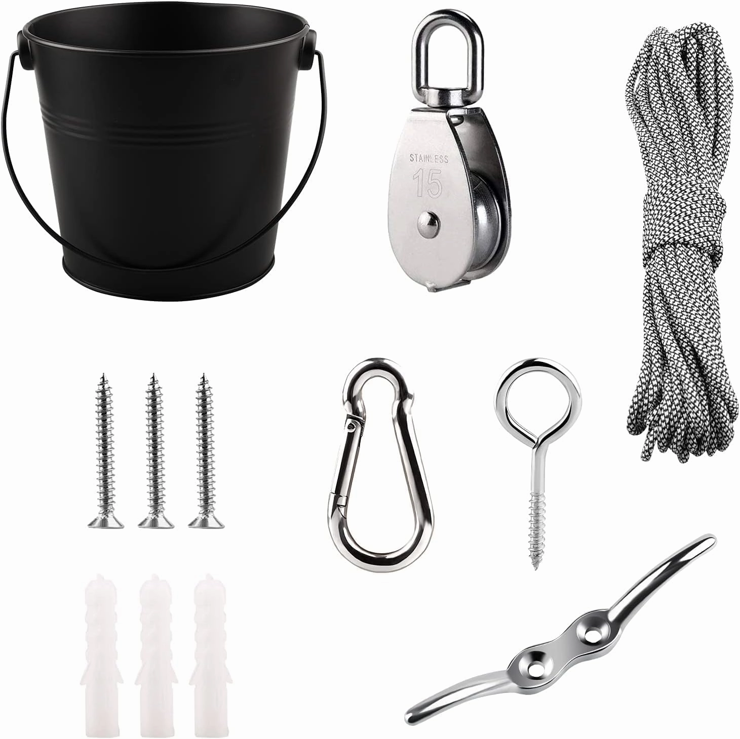 FUQUN Treehouse Pulley System with Bucket Cable - Kids Playhouse & Pirate Ship Accessories for Outdoor Play, Heavy-Duty Climbing Bucket (Black)
