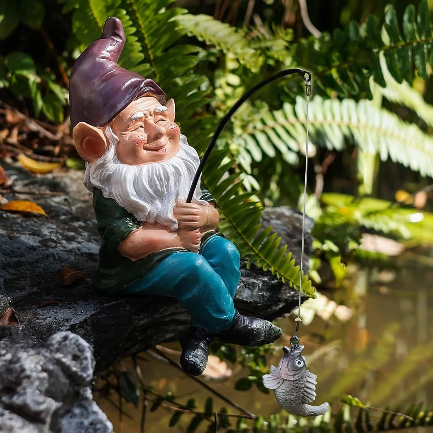 Garden Gnome Pond Decortations Outdoor Statue for Patio, Pond and Waterfall, Gnome Statue Koi Pond Decor, 9.7 Inch Fishing Gnome Figurine & Sculpture Poolside Statue with Luminous Stone