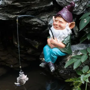 Garden Gnome Pond Decortations Outdoor Statue for Patio, Pond and Waterfall, Gnome Statue Koi Pond Decor, 9.7 Inch Fishing Gnome Figurine & Sculpture Poolside Statue with Luminous Stone