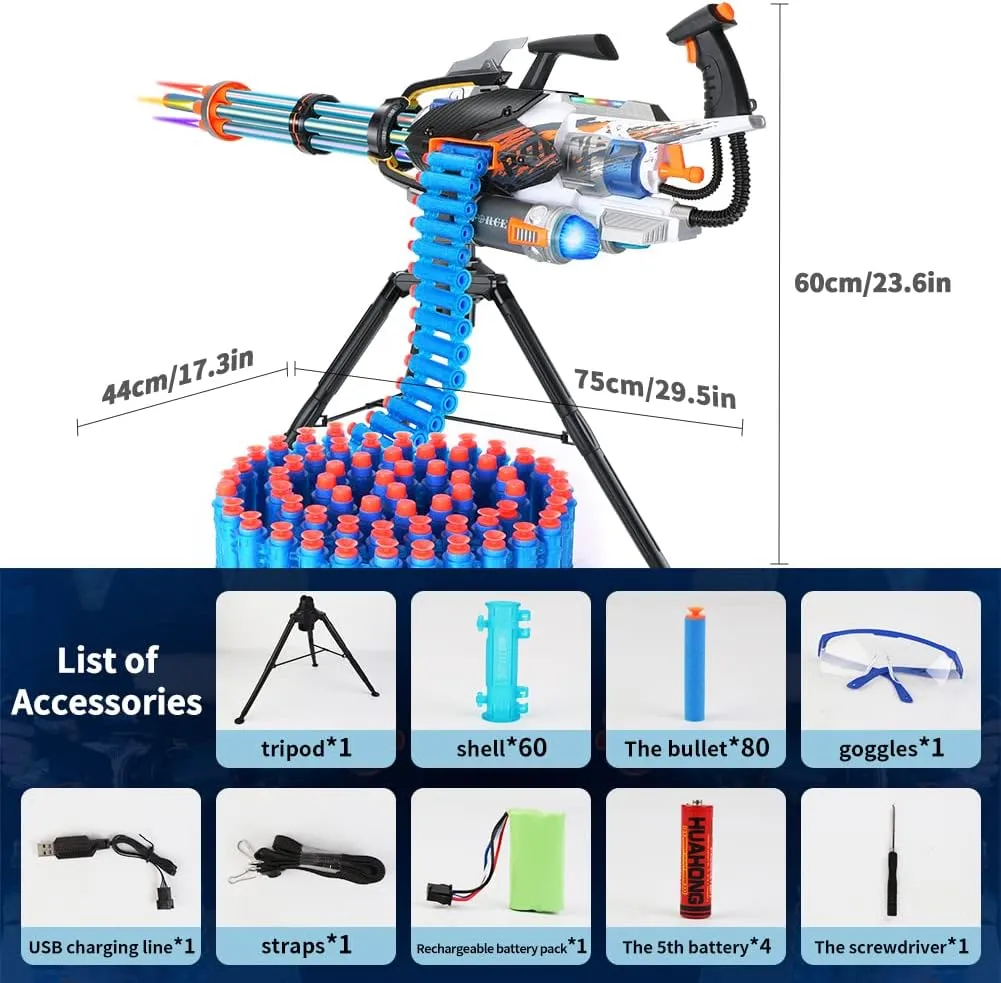 Gatling Toy Gun for Kids, Soft Foam Bullets, 10-13m Range, 60 Darts, 360 Rotation, Blue