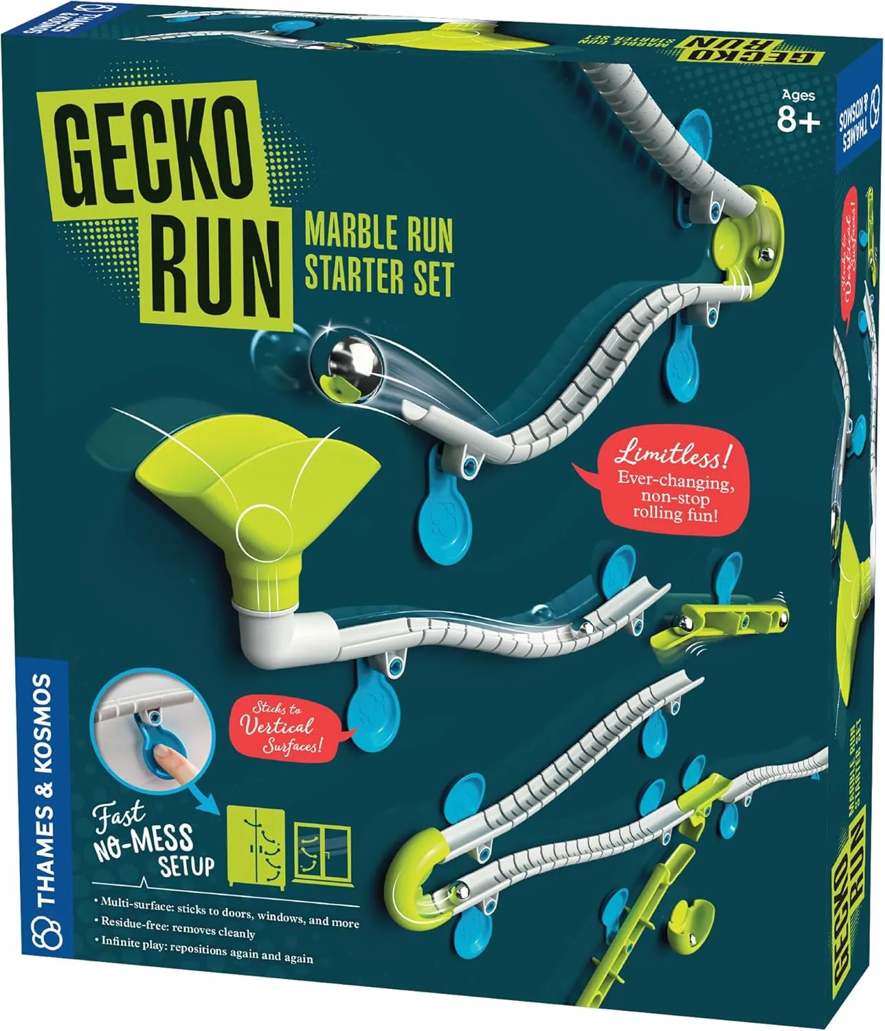 Gecko Run Marble Run Starter Set by Thames & Kosmos, Toy of The Year Winner - 63 Piece Vertical Marble Run, Flexible Tracks | Fast, No-Mess Setup, Residue-Free Nano-Adhesive Pads, Creative Play