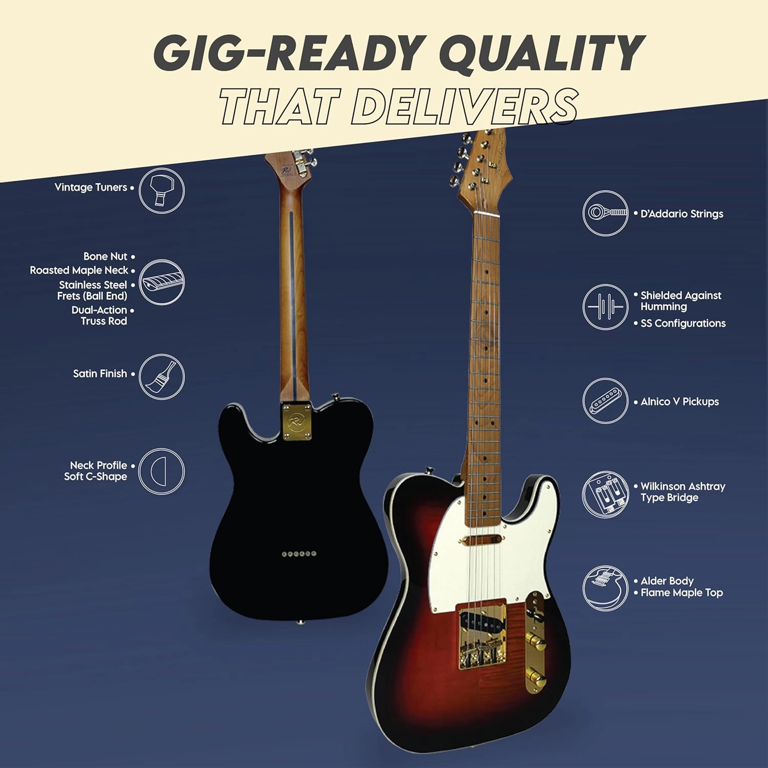 Gigline Broadcaster SE Plus Electric Guitar T-Style Adult Full Size, Alder, Stainless Steel Frets (Ball End), Bone Nut, Wilkinson Bridge, Roasted Maple Neck, Flame Maple Top, Sunburst